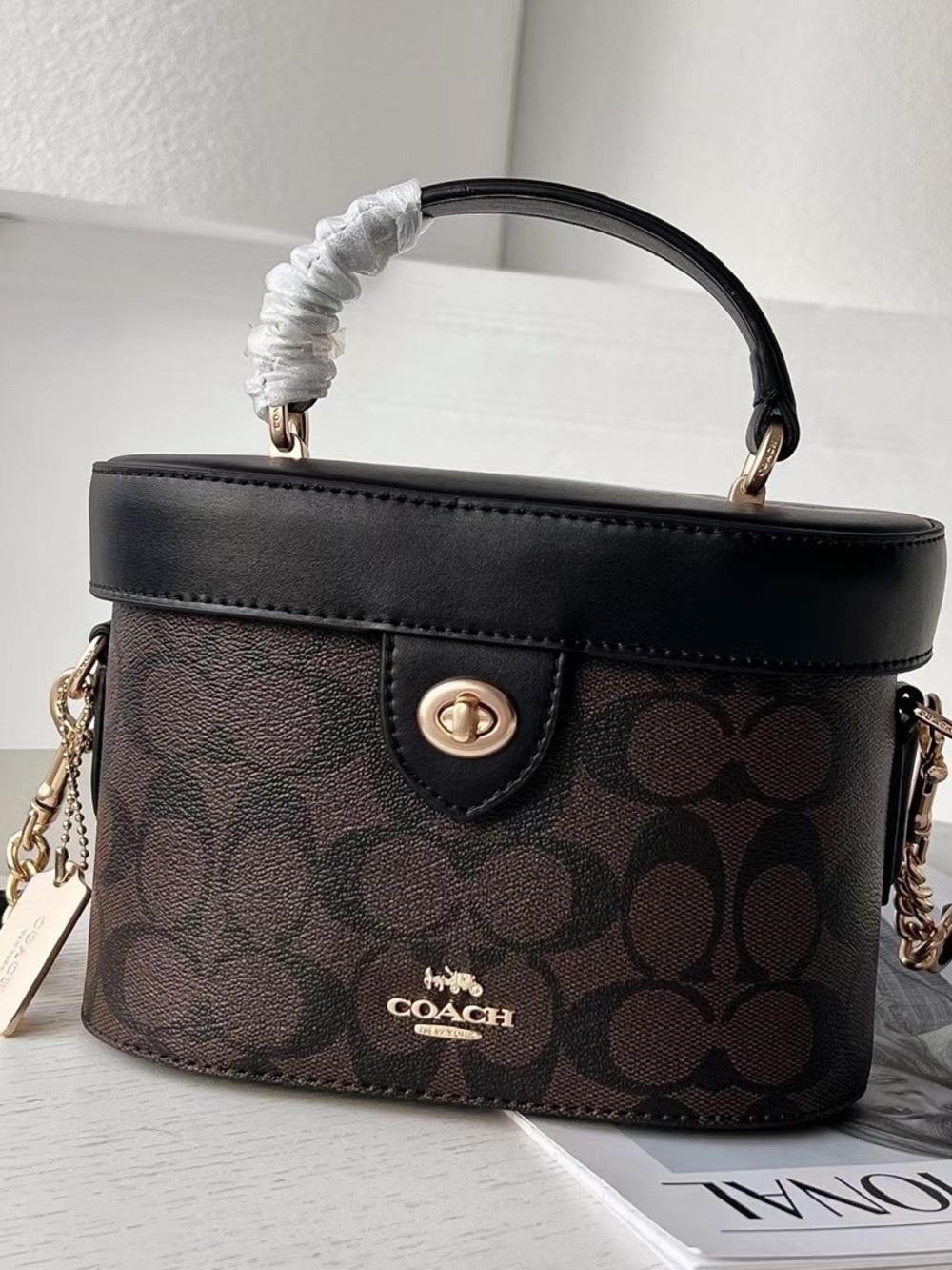 Coach Brown Signature Canvas Vanity Crossbody with Black Trim